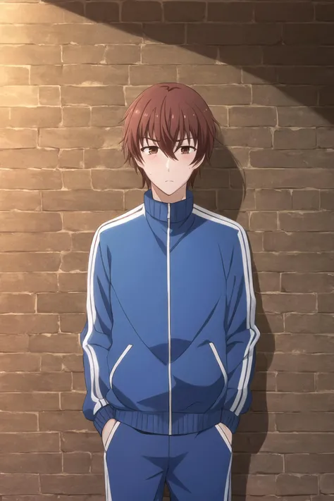 masterpiece, best quality, 1boy, solo, takumi_kijima, upper body, standing, against wall, brick wall, looking at viewer, brown hair, brown eyes, exhausted, tired, sweatdrop, ((blue jacket)), track jacket, track pants, blue pants, zipper, closed jacket,