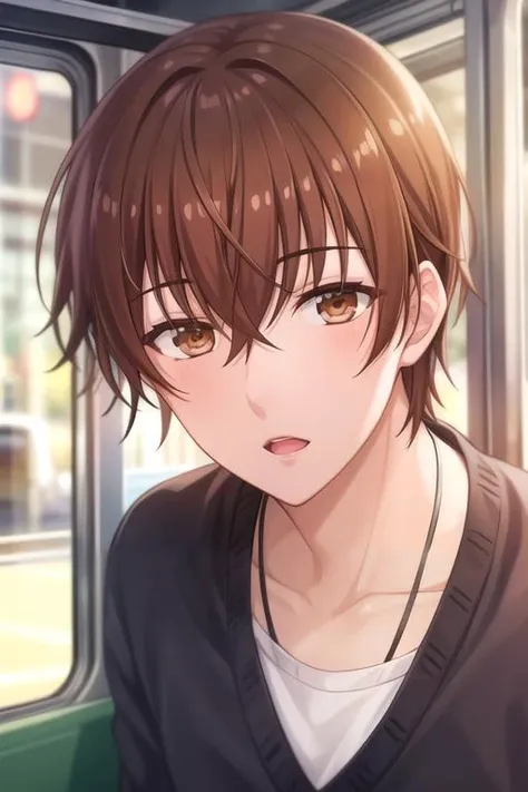 photorealistic, (4k), depth of field, (Masterpiece), (realistic skin texture), extremely detailed, intricate, hyper detailed, high resolution, professional photography, , depth of field, sharp detail, best quality, , 1boy, solo, male focus, <lora:takumi_kijima:0.8>, takumi_kijima, brown hair, brown eyes, , bus interior,