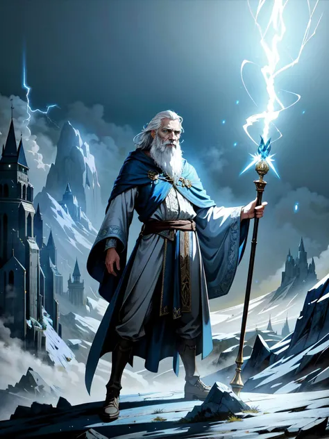 full body of (one) brittish old man, a wizard casting a (blue lightning bolt spell) from his hands, from the top of a mountain, (at night), wearing white wizard (robes), long white beard, long white hair, dramatic pose,
detailed, intricate, (detailed fantasy background), dim lighting, volumetric lighting,
fantasy art style, best quality, hi-res, masterpiece, good anatomy, good composition, good proportions, good design, good pose, realistic background, realistic sky, cinematic, cinematic camera angle, dark fantasy illustration, detailed, intricate, (perfect lighting, perfect shading), subsurface scattering, photorealistic, solo, oil painting style, (mature adult:1.5),
<lora:add_detail:0.15> <lora:fantasyV1.1:0.25> <lora:muscle_slider_v1:-1.5>