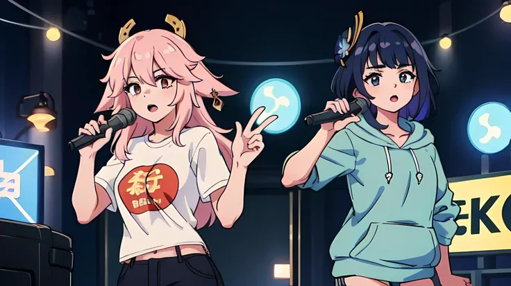 (((2 girls))), best quality, masterpiece,4k 8k wallpaper, perfect lighting, singing karaoke
BREAK
Yae Miko, genshin impact, long t-shirt, ((casual clothing))
BREAK
raiden shogun, genshin impact, (((wearing only a hoodie)))