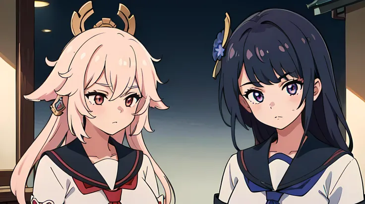 (((2 girls))), best quality, masterpiece,4k 8k wallpaper, perfect lighting, going to school, (((seifuku)))
BREAK
Yae Miko, genshin impact, 
BREAK
raiden shogun, genshin impact,