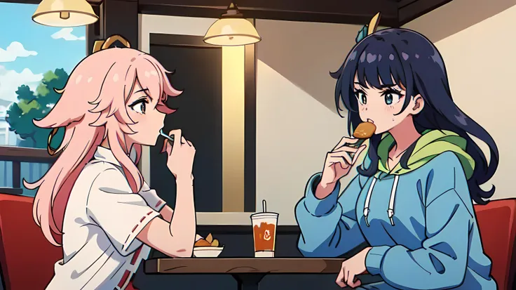 (((2 girls))), best quality, masterpiece,4k 8k wallpaper, indoors, perfect lighting, eating, outside, restaurant, daytime, facing each other
BREAK
Yae Miko, genshin impact, long t-shirt, ((casual clothing))
BREAK
raiden shogun, genshin impact, (((wearing only a hoodie)))