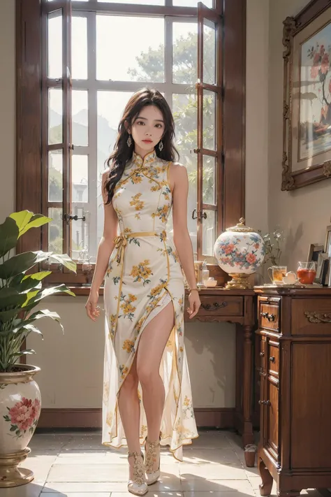 (photorealistic:1.4),8k,(masterpiece), best quality, highest quality, (detailed face:1.5),original,highres, unparalleled masterpiece, ultra realistic 8k, perfect artwork, ((perfect female figure)),mature female, milf, narrow waist, (skinny:1.2),detailed skin,
1girl, solo, china dress,  long hair,  thighhighs, yellow china dress, white thighhighs, looking at viewer,  jewelry,  medium breasts,   potted plant, shop,  (standing:1.2), sleeveless,full body,  <lora:han:0.4>