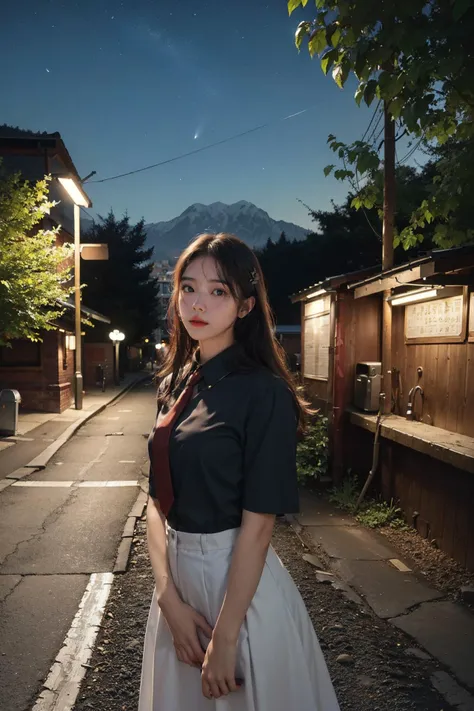 (photorealistic:1.4),8k,(masterpiece), best quality, highest quality, (detailed face:1.5),original,highres, unparalleled masterpiece, ultra realistic 8k, perfect artwork, ((perfect female figure)),mature female, milf, narrow waist, skinny,detailed skin,
1girl, solo, school uniform, short sleeves, necktie, red necktie, pleated skirt, sailor collar, outdoors, (night:1.5), power lines, utility pole, (night sky:1.5), road, mountain, fence, tree, dark, lamppost,noctiluca, standing, dark sky, lampshade,
<lora:noctiluca:1>