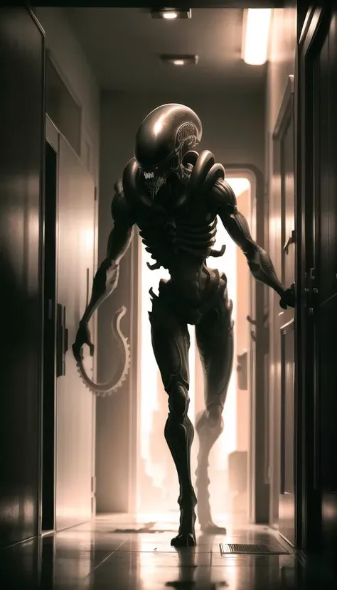 (cowboy shot), sfw, (masterpiece), (best quality:1.0), (ultra highres:1.0), detailed eyes
BREAK
<lora:xeno-14:0.9> xeno, monster, sharp teeth, science fiction, bi pedal, tail
BREAK
(dark hallway, horror, red lights, gorgeous view)