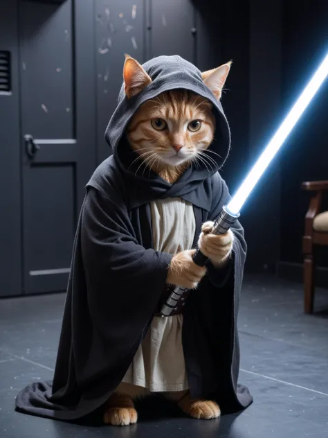 score_9, score_8_up, score_7_up
a master jedi cat in star wars, holding a lightsaber, wearing a jedi cloak hood, angry, inside the death star, dramatic, cinematic lighting, glow