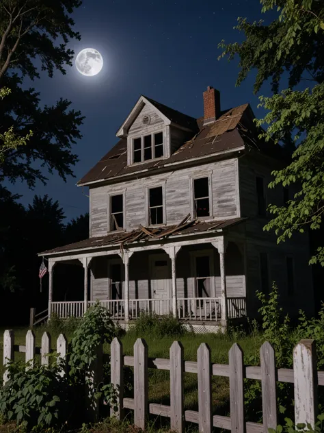 score_9, score_8_up, score_7_up
An abandoned haunted house stands in the moonlight, its wooden structure weathered and decaying. The roof is partially collapsed, and several windows are shattered, with tattered curtains fluttering in the breeze. A broken fence with missing and tilted wooden planks surrounds the overgrown yard. The front porch sags under the weight of neglect, and the paint is peeling off the walls. Weeds and thorny bushes have taken over the garden, adding to the eerie atmosphere. The full moon casts a pale, silvery light, creating long, dark shadows that enhance the haunting look of the scene. The night sky is clear, dotted with stars, but an unsettling silence permeates the air.