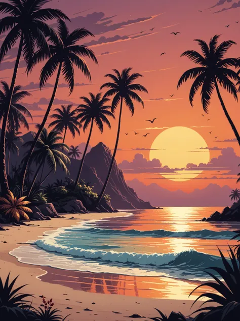 score_9, score_8_up, score_7_up
tropical vector illustration of sunset on the beach, in the style of Dan Mumford, vintage aesthetics, compositions inspired by nature, dark and gloomy landscapes, tropical landscapes