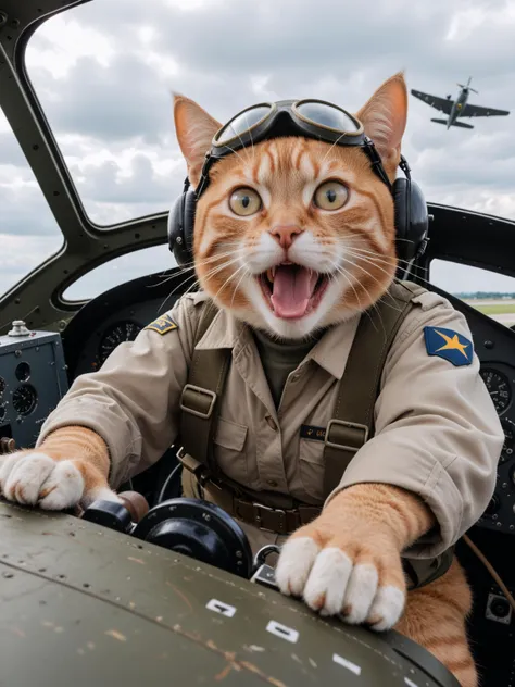 score_9, score_8_up, score_7_up
A cat flies a plane during a dogfight in World War II, (pilot uniform), shocked face, panic, in an airplane cockpit, paws holding joystick, enemy plane in the background, action shot, cinematic