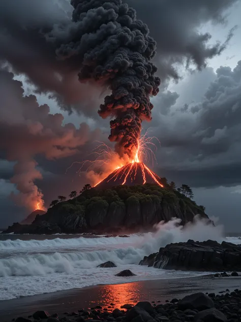 score_9, score_8_up, score_7_up
gigantic volcanic eruption on a small island, lava flowing into the sea, waves, fog, smoke, burning trees, fire, strong thunderstorm, squall, storm, a rocky coast is visible nearby, cinematic, soft dim lighting, night, stars, creepy, horror, mysterious, depth of field