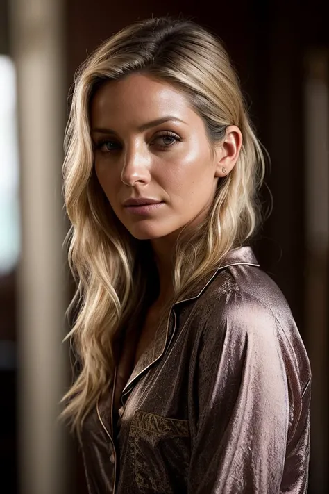 photo of beautiful (awall1s:0.99), a woman in a (infirmary:1.1), perfect blonde hair, hair upsweep updo, wearing (pajamas:1.1), modelshoot style, (extremely detailed CG unity 8k wallpaper), professional majestic (photography by massimo vitali:1.1), nikon, trending on ArtStation, trending on CGSociety, Intricate, High Detail, Sharp focus, dramatic, photorealistic painting art, (looking at viewer), (detailed pupils), (closeup portrait)