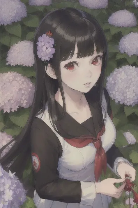(masterpiece,best quality,ultra-detailed:1.6), illustration, 1girl, solo, red eyes, hair flower, hair black, bangs hair, school uniform, serafuku, hydrangea, garden, from above, <lora:SankaRea-Rea-release-1.0:0.6>,