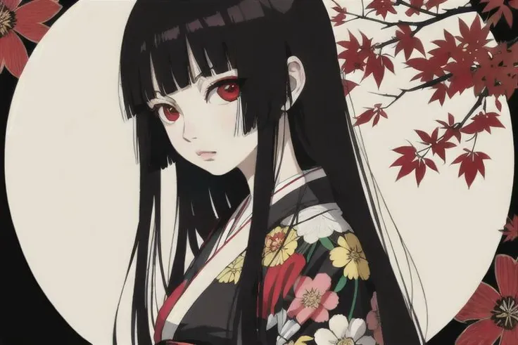 enma ai, hair down, hair black, bangs, eyes red, masterpiece, best quality, ultra-detailed, illustration, 1girl, solo, highres, photorealistic, ultra high res, (Original illustration composition), (fusion of limited color,Maximalism artstyle, kimono fashion, double exposure, background black