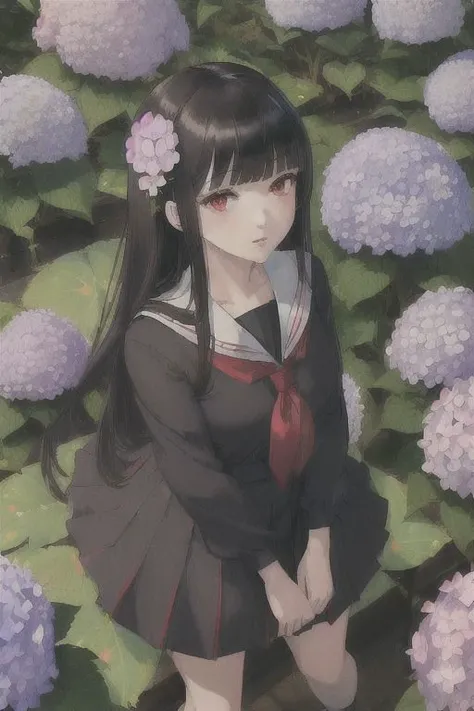 (masterpiece,best quality,ultra-detailed:1.6), illustration, 1girl, solo, red eyes, hair flower, hair black, bangs hair, school uniform, serafuku, hydrangea, garden, from above, <lora:SankaRea-Rea-release-1.0:0.6>,