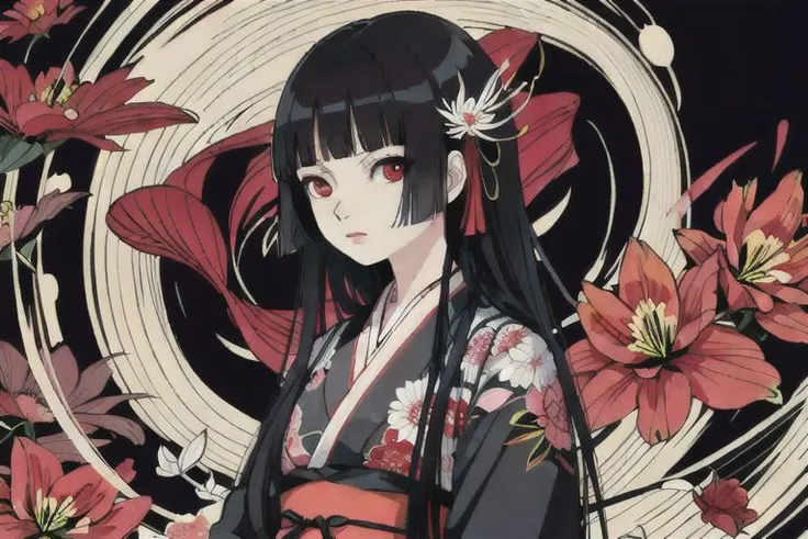 enma ai, hair down, hair black, bangs, eyes red, masterpiece, best quality, ultra-detailed, illustration, 1girl, solo, highres, photorealistic, ultra high res, (Original illustration composition), (fusion of limited color,Maximalism artstyle, kimono fashion, double exposure, background, illustration, Amazing, lily spider