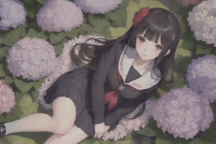 (masterpiece,best quality,ultra-detailed:1.6),illustration, 1girl, solo, red eyes, hair flower, school uniform, serafuku, hydrangea, garden, from above, <lora:SankaRea-Rea-release-1.0:0.6>,
