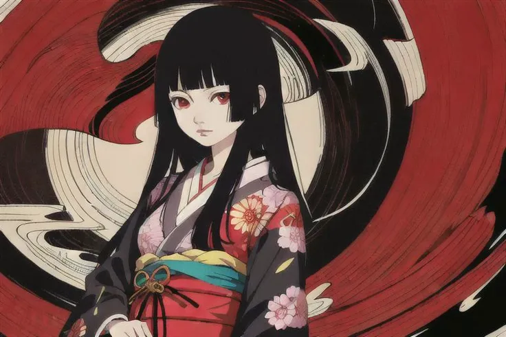 enma ai, hair down, hair black, bangs, eyes red, masterpiece, best quality, ultra-detailed, illustration, 1girl, solo, highres, photorealistic, ultra high res, (Original illustration composition), (fusion of limited color,Maximalism artstyle, kimono fashion, double exposure, background black