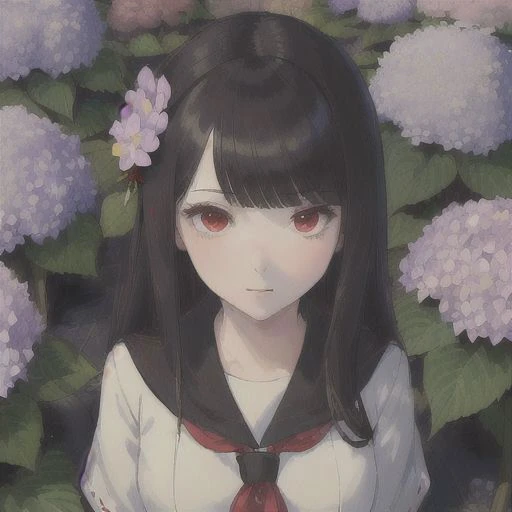 (masterpiece,best quality,ultra-detailed:1.6), illustration, 1girl, solo, red eyes, hair flower, hair black, bangs hair, school uniform, serafuku, hydrangea, garden, from above, <lora:SankaRea-Rea-release-1.0:0.6>,