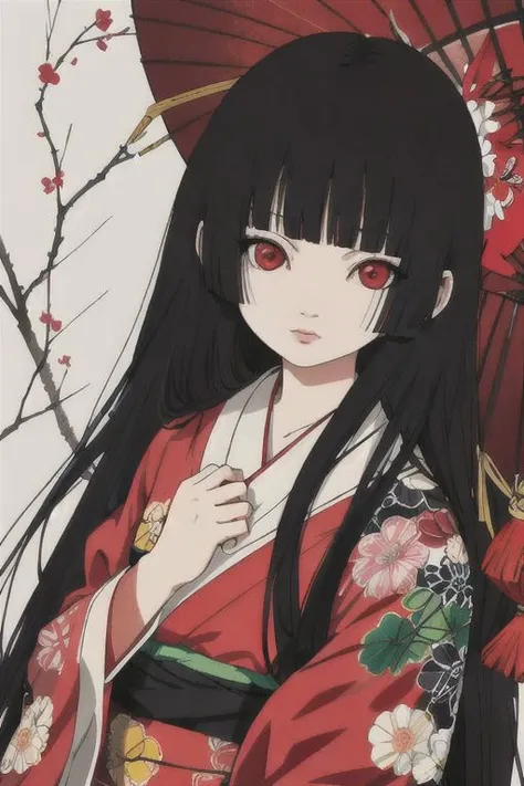 enma ai, hair down, hair black, bangs, eyes red, masterpiece, best quality, ultra-detailed, illustration, 1girl, solo, highres, photorealistic, ultra high res, (Original illustration composition), (fusion of limited color,Maximalism artstyle, kimono fashion, double exposure, background black