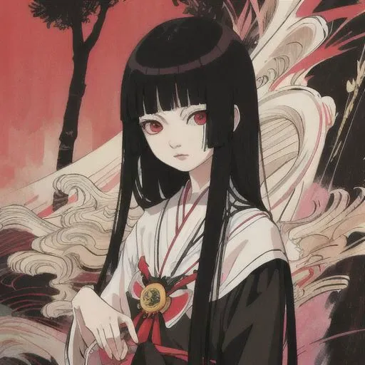 enma ai, hair down, hair black, bangs, eyes red, masterpiece, best quality, ultra-detailed, illustration, 1girl, solo, highres, photorealistic, ultra high res, (Original illustration composition), (fusion of limited color,Maximalism artstyle, Harajuku Fashion