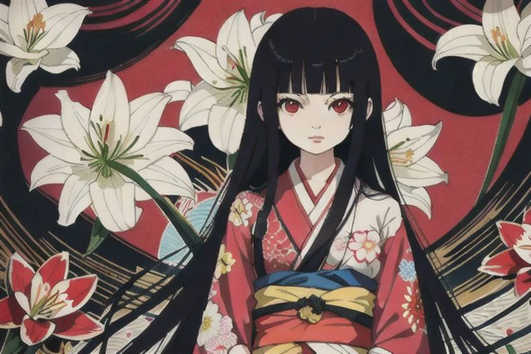 enma ai, hair down, hair black, bangs, eyes red, masterpiece, best quality, ultra-detailed, illustration, 1girl, solo, highres, photorealistic, ultra high res, (Original illustration composition), (fusion of limited color,Maximalism artstyle, kimono fashion, double exposure, background, illustration, Amazing, lily spider