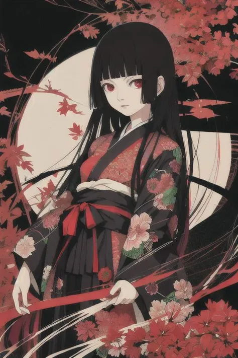 enma ai, hair down, hair black, bangs, eyes red, masterpiece, best quality, ultra-detailed, illustration, 1girl, solo, highres, photorealistic, ultra high res, (Original illustration composition), (fusion of limited color,Maximalism artstyle, kimono fashion, double exposure, background black