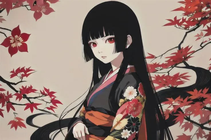 enma ai, hair down, hair black, bangs, eyes red, masterpiece, best quality, ultra-detailed, illustration, 1girl, solo, highres, photorealistic, ultra high res, (Original illustration composition), (fusion of limited color,Maximalism artstyle, kimono fashion, double exposure, background black