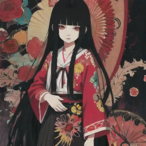 enma ai, hair down, hair black, bangs, eyes red, masterpiece, best quality, ultra-detailed, illustration, 1girl, solo, highres, photorealistic, ultra high res, (Original illustration composition), (fusion of limited color,Maximalism artstyle, Harajuku Fashion