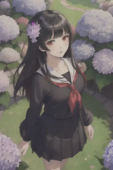 (masterpiece,best quality,ultra-detailed:1.6), illustration, 1girl, solo, red eyes, hair flower, hair black, bangs hair, school uniform, serafuku, hydrangea, garden, from above, <lora:SankaRea-Rea-release-1.0:0.6>,
