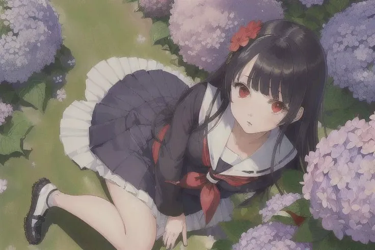 (masterpiece,best quality,ultra-detailed:1.6),illustration, 1girl, solo, red eyes, hair flower, school uniform, serafuku, hydrangea, garden, from above, <lora:SankaRea-Rea-release-1.0:0.6>,