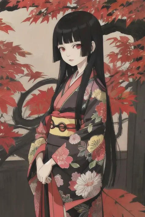 enma ai, hair down, hair black, bangs, eyes red, masterpiece, best quality, ultra-detailed, illustration, 1girl, solo, highres, photorealistic, ultra high res, (Original illustration composition), (fusion of limited color,Maximalism artstyle, kimono fashion