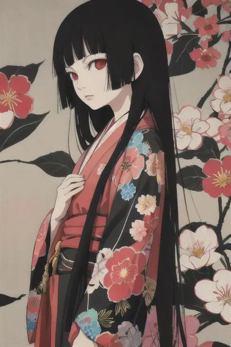 enma ai, hair down, hair black, bangs, eyes red, masterpiece, best quality, ultra-detailed, illustration, 1girl, solo, highres, photorealistic, ultra high res, (Original illustration composition), (fusion of limited color,Maximalism artstyle, kimono fashion, double exposure, background black