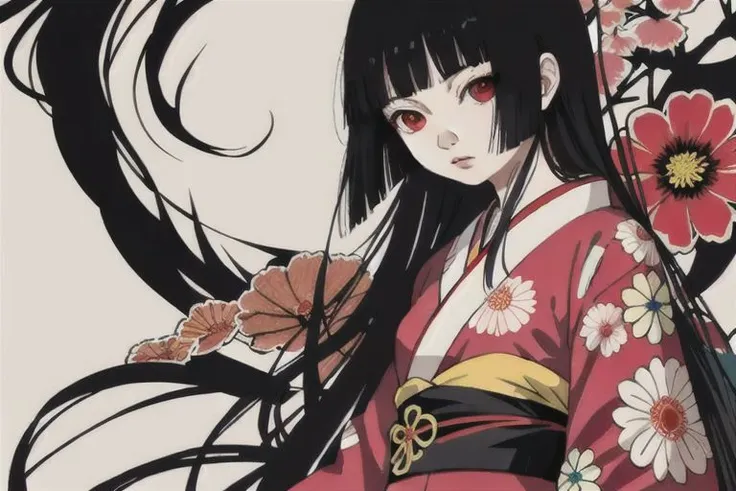 enma ai, hair down, hair black, bangs, eyes red, masterpiece, best quality, ultra-detailed, illustration, 1girl, solo, highres, photorealistic, ultra high res, (Original illustration composition), (fusion of limited color,Maximalism artstyle, kimono fashion, double exposure, background black