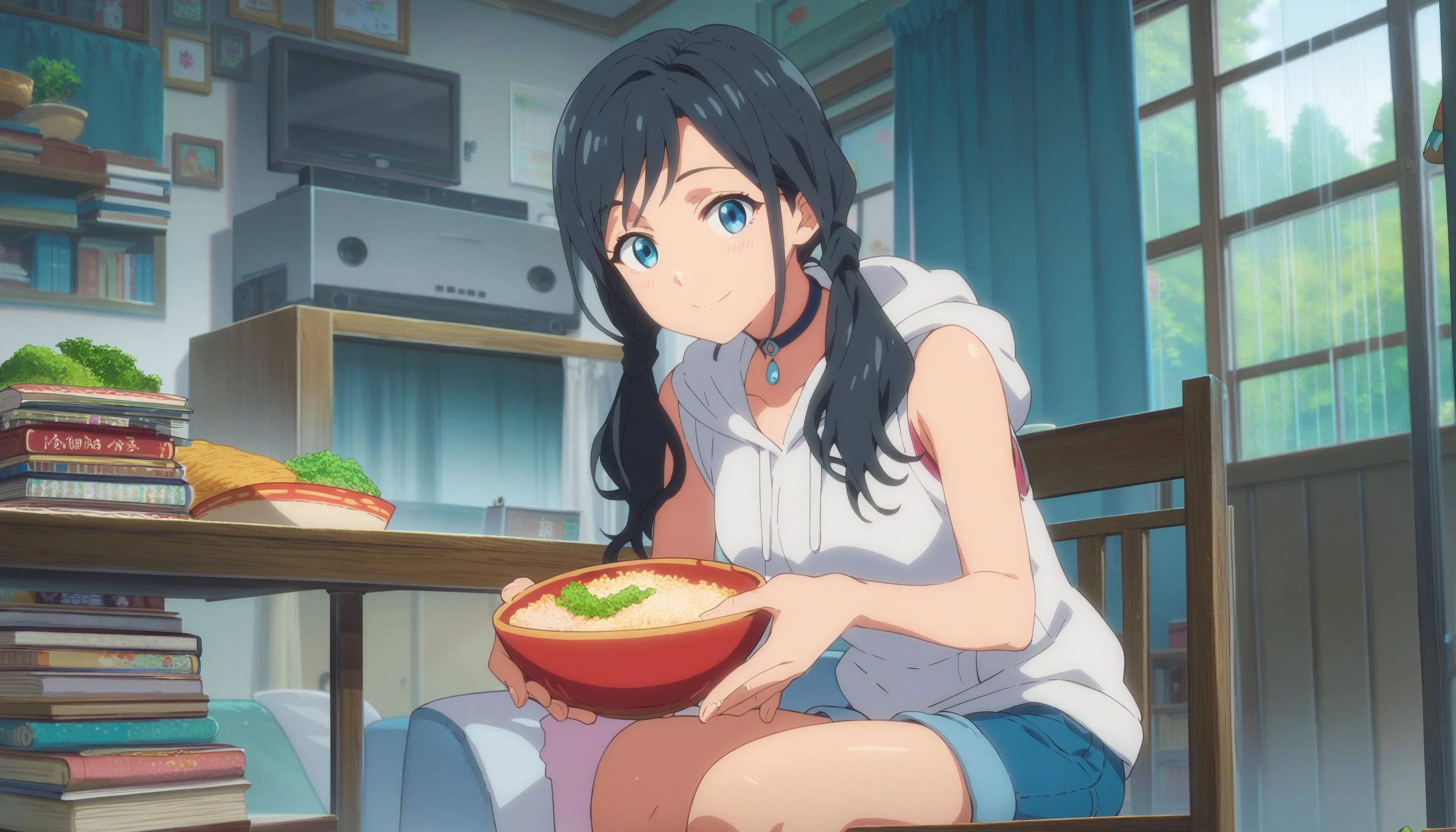 score_9,score_8_up,score_7_up,score_6_up,source_anime,anime screencap,<lora:Hoseki_WWY_HinaAmano_PDXL_v1:0.8>,hina amano,long hair,low twintails,choker,sleeveless hoodie,sleeveless shirt,denim shorts,<lora:CoMix_BGXL_V2:1>,sitting,looking at viewer,holding bowl,rice,happy,table,room,tv,books,window,