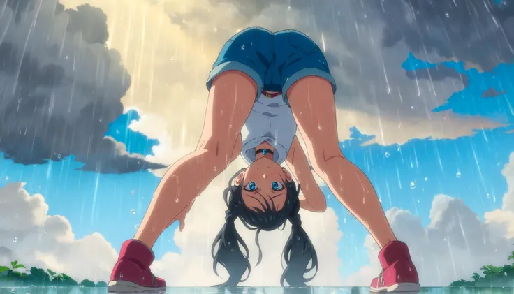 score_9,score_8_up,score_7_up,score_6_up,source_anime,anime screencap,<lora:Hoseki_WWY_HinaAmano_PDXL_v1:0.8>,hina amano,long hair,low twintails,choker,sleeveless hoodie,sleeveless shirt,denim shorts,<lora:CoMix_BGXL_V2:1>,standing,full body,from below,bent over,looking at viewer,dark cloud,blue sky,sunlight,multicolored cloud,raining,wet,reflection,smile,wet ground,