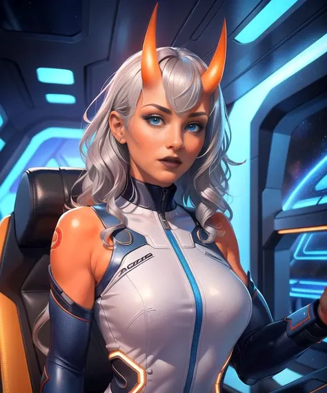 woman in her 20s, (perfect face), defined jawline, beautiful lips, (beautiful bright blue eyes), (long wavy bouncy silver hair), (orange skin:1.3), (perfect anatomy), (athletic body), (sexy), (perfect hands), (oni horns), (white futuristic sleeveless body suit, blue accents), (looking at viewer), (medium shot photograph), (spaceship cockpit background), photorealistic