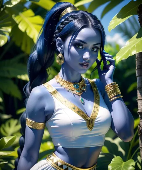 woman in her 20s, (perfect face), defined jawline, beautiful lips, (beautiful bright yellow eyes), (long black braided ponytail:1.2), (blue skin:1.3), (perfect anatomy), (athletic body), (sexy), exposed midriff, (perfect hands), (white intricate sleeveless tribal dress:1.2), (intricate gold arm bracers studded with gems), (intricate tribal necklace), (looking at viewer), (medium shot photograph), (tropical rainforest background), photorealistic