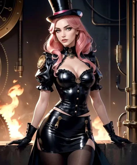 woman in her 20s, (perfect face), defined jawline, beautiful lips, (beautiful bright yellow eyes), beautiful lips, (long bouncy pink hair), (sexy), (black intricate Victorian steampunk engineer outfit), puffy sleeves, (tall top hat), leather gloves, pants, (short black ruffled skirt), gold accents, (perfect hands), looking at viewer, (medium full shot photograph), (steampunk lab background), photorealistic