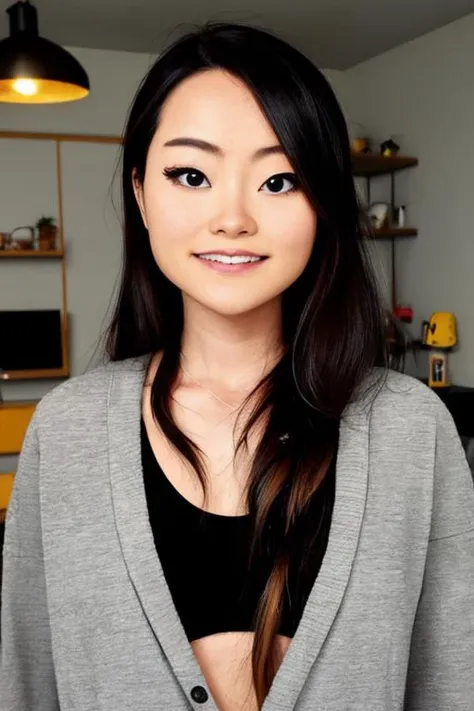 sfw, (upper_body:1.7), japanese girl, (casual_girl_clothes:1.3), long_hair, teen, (24_years_old:1.3), light_makeup, small_boobs, white_skin, expression_happy, smiling, asian, idol, cute, (beautiful:1.3), ultra_detailed, (attractive:1.4), best_quality, head_in_frame, background_girl_streaming_gaming_room, fog, <hypernet:jeannaiPotasticpJeannie_v10:1.0>