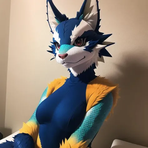 fursuit, (nudefursuit), scaly, dragon demigirl,woman, animal focus, extremely detailed, (best quality), (great quality) <lora:FursuitFurrySuitLora_v2:0.5>