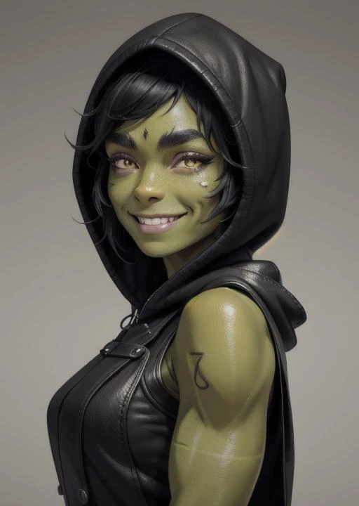 <lora:dnd_goblin:.8> green skin, pointed ears, goblin, leather armor, hood up, metal gauntlets, smiling, black hair, short hair, tattoo on arm, full set of armor,, best quality, masterpiece, detailed, 8K, uhd, (extremely detailed CG unity 8k wallpaper),(masterpiece), (best quality), (ultra-detailed), (best illustration), detailed face, skin pores, detailed skin, detailed eyes, high quality eyes, good quality hands, high resolution,