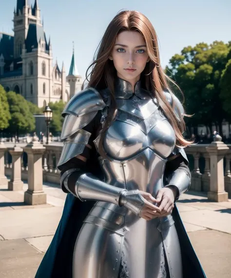 woman in her 20s, (perfect face), defined jawline, beautiful lips, (beautiful bright blue eyes), (long flowing brown hair), (perfect hands), (intricate steel silver medieval royal knight armor), long sleeves, gold accents, (medium shot photograph), (looking at viewer), enchanted kingdom background, photorealistic