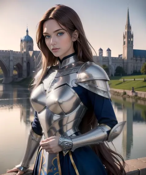 woman in her 20s, (perfect face), defined jawline, beautiful lips, (beautiful bright blue eyes), (long flowing brown hair), (perfect hands), (intricate steel silver medieval royal knight armor), long sleeves, gold accents, (medium shot photograph), (looking at viewer), enchanted kingdom background, photorealistic