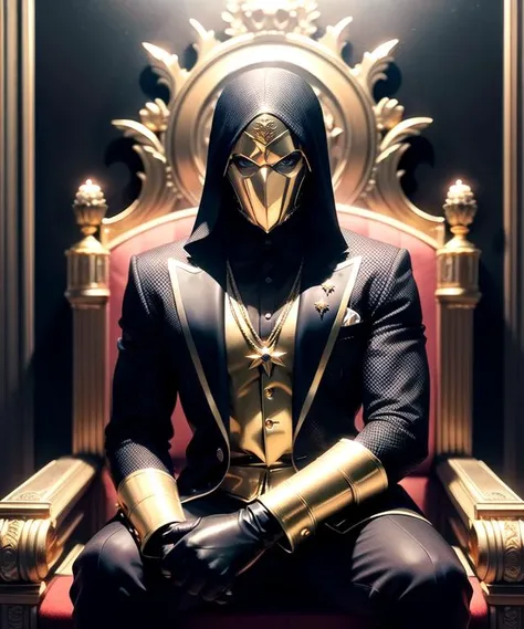 man in his 20s, (perfect anatomy), (athletic body), (perfect hands), (black formal attire), (gold metal gloves), (gold futuristic mask covering the whole face), (hands on arm rest), (looking at viewer), (medium shot photograph), (dark castle throne room background), photorealistic