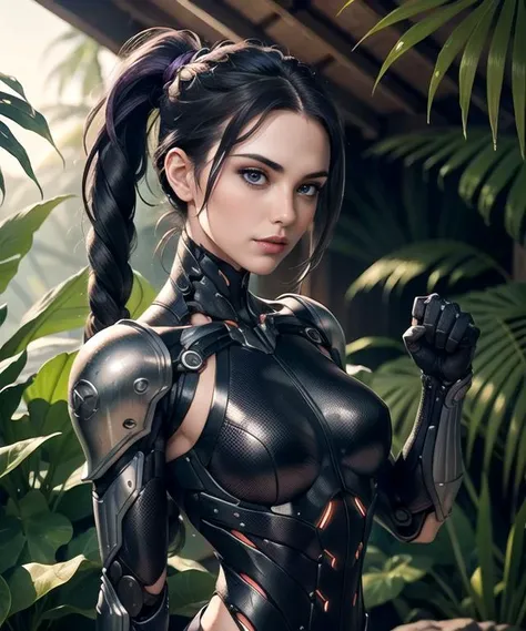 woman in her 20s, (perfect face), defined jawline, beautiful lips, (beautiful bright purple eyes), (long black braided ponytail hairstyle), (perfect anatomy), (athletic body), (sexy), (perfect hands), (matte grey biomechanical armor), (looking at viewer), (medium shot photograph), (tropical rainforest background), <lora:nanosuit_v10:0.3>, photorealistic