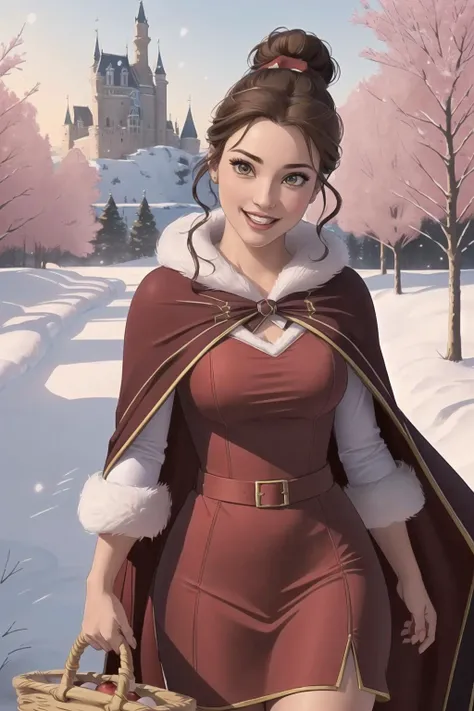 (BelleWaifu:1), smile, surprised cute, cute pose, looking at viewer, thick thighs, (burgundy dress, burgundy cape:1.2), ((white fur)), (hair bun, burgundy hair bow), :D, holding a basket, walking, (realistic:1.2), (realism), (masterpiece:1.2), (best quality), (ultra detailed), (8k, 4k, intricate),(full-body-shot:1),(Cowboy-shot:1.2), (85mm),light particles, lighting, (highly detailed:1.2),(detailed face:1.2), (gradients), sfw, colorful,(detailed eyes:1.2), brown eyes, winter, (detailed ladscape, winter forest, apples:1.2), (((castle))), (detailed background),detailed landscape, (dynamic angle:1.2), (dynamic pose:1.2), (rule of third_composition:1.3), (Line of action:1.2), wide shot, daylight, solo, perfect hands <lora:Belle_character-20:0.5>