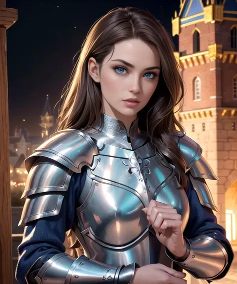 woman in her 20s, (perfect face), defined jawline, beautiful lips, (beautiful bright blue eyes), (long flowing brown hair), (perfect hands), (intricate steel silver medieval royal knight armor), long sleeves, gold accents, (medium shot photograph), (looking at viewer), (enchanted kingdom background), photorealistic