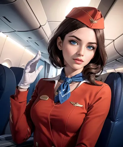 woman in her 20s, (perfect face), defined jawline, beautiful lips, (beautiful bright blue eyes), (short brown hair), (red long-sleeved stewardess uniform), (red garrison cap), (blue ascot), saluting pose, looking at viewer, (medium shot photograph), (airplane interior cabin background), <lyco:russianStewardess_v10:0.7>, photorealistic