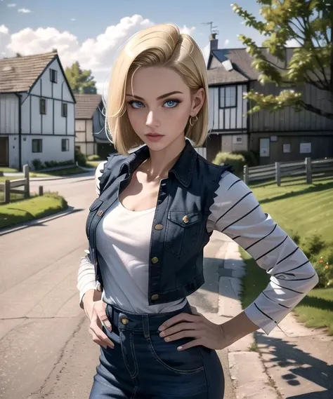 woman in her 20s, (android_18), (perfect face), defined jawline, beautiful lips, (short blonde straight bob cut hair), (beautiful bright blue eyes), (perfect anatomy), athletic body, (sexy), (perfect hands), (hands on waist), small simple gold earrings, (black shirt under unbuttoned blue denim vest), (long white striped sleeves), (denim skirt), (black pants), (medium shot photograph), (countryside village background), photorealistic