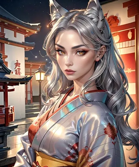 woman in her 20s, (perfect face), defined jawline, beautiful lips, (beautiful bright yellow eyes), (red eyeliner), (sexy), (long messy flowing silver iridescent hair), (wolf ears on top of head), (red intricate kimono:1.3), (looking at viewer), (medium shot photograph), (enchanted Japanese shrine background), photorealistic